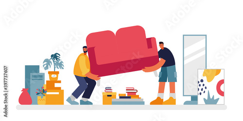 People carry sofa illustration. Two male characters pulling red upholstered furniture in apartment.