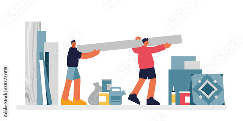Workers carry building materials in room illustration. Two male characters dragging wooden plank.