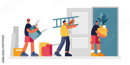 People bring furniture into apartment illustration. Three male characters are dragging boxes with things.