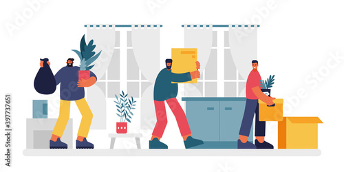 Fototapeta Naklejka Na Ścianę i Meble -  People arrange things in apartment illustration. Three male characters carry boxes things and houseplants.