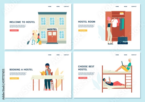 Set of website banners for hosting and hostels flat vector illustration.
