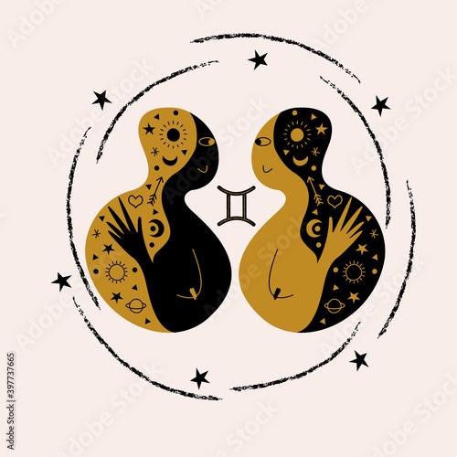 Gemini. Zodiac sign. Two girls are twins. Constellation of Gemini. Vector illustration in a flat style.