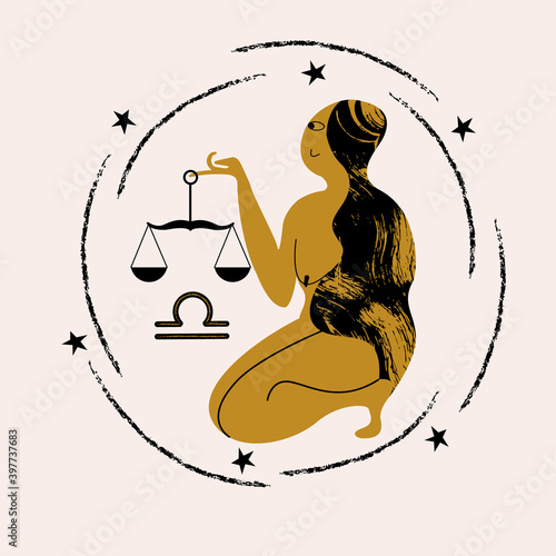Libra. A nude woman is holding a scales. Vector illustration.