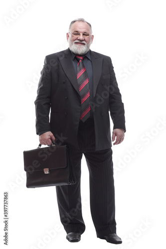 smiling business man with a leather briefcase. isolated on a white