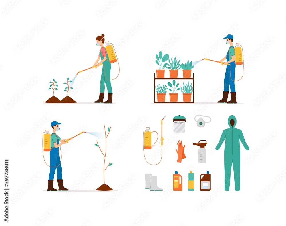 Set of pest exterminators spraying pesticides flat vector illustration isolated. Set of pest exterminators spraying pesticides flat vector illustration isolated.