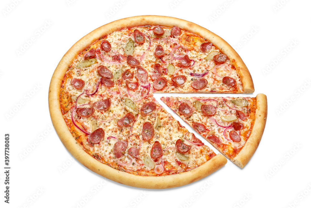 Fresh pizza with onions, cucumber and sausages, a slice of pizza, isolated on a white background. Advertising flyer or poster for the pizzeria menu. Fresh pizza with onions, cucumber and sausages, a slice of pizza, isolated on a white background. Advertising flyer or poster for the pizzeria menu.