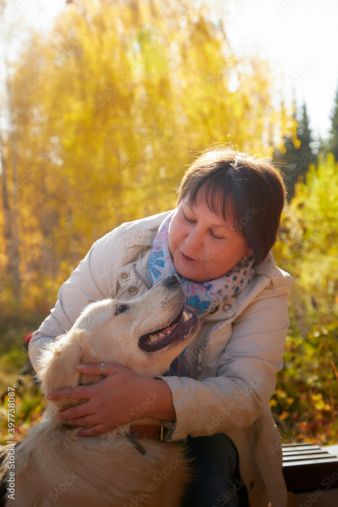 A plump woman with a white Labrador dog walking in a Park or forest on a Sunny autumn day. A plump woman with a white Labrador dog walking in a Park or forest on a Sunny autumn day.