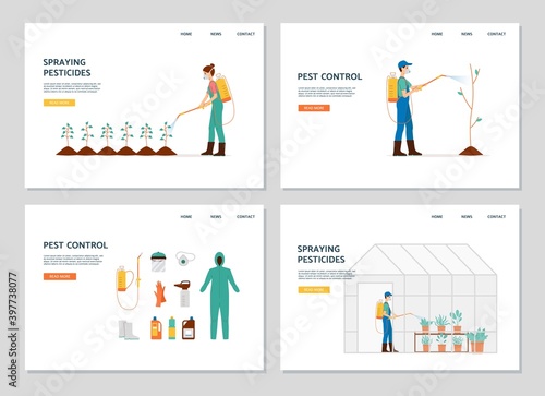 Pest control for gardens and farms web banners set, flat vector illustration.