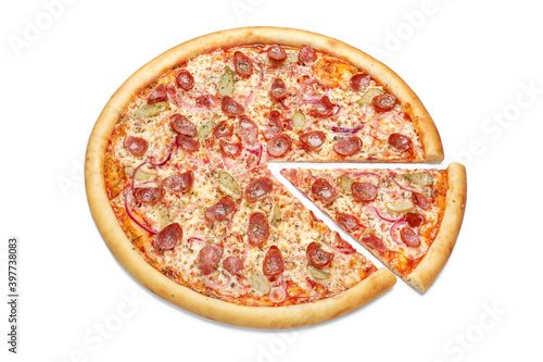 Fresh pizza with onions, cucumber and sausages, a slice of pizza, isolated on a white background. Advertising flyer or poster for the pizzeria menu.