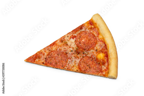 Photo of  cut slice of peperroni pizza for use in advertising  pizzeria, restaurant menu. Copy space for promo text. photo