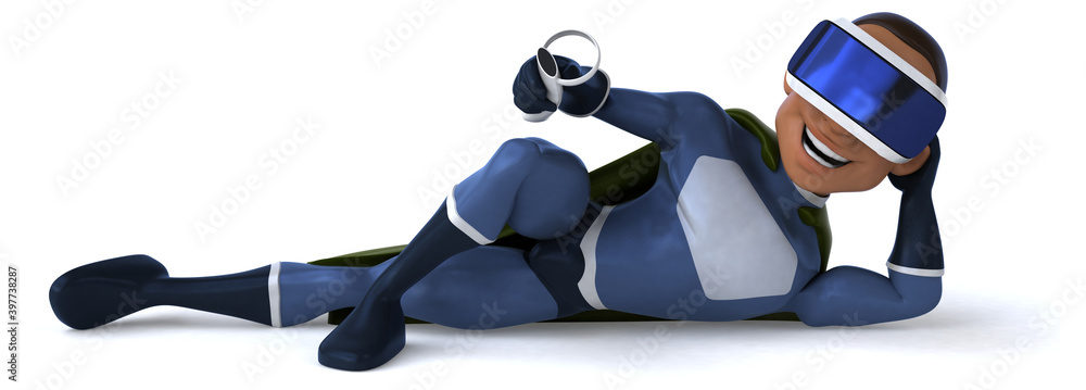 Fun 3D Illustration of a superhero with a VR Helmet
