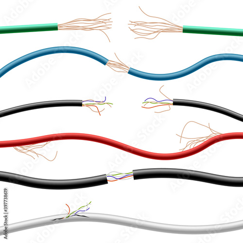 Set of electric cables or wires realistic vector illustrations isolated.