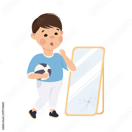 Naughty Child Broken Glass Mirror with Ball Vector Illustration