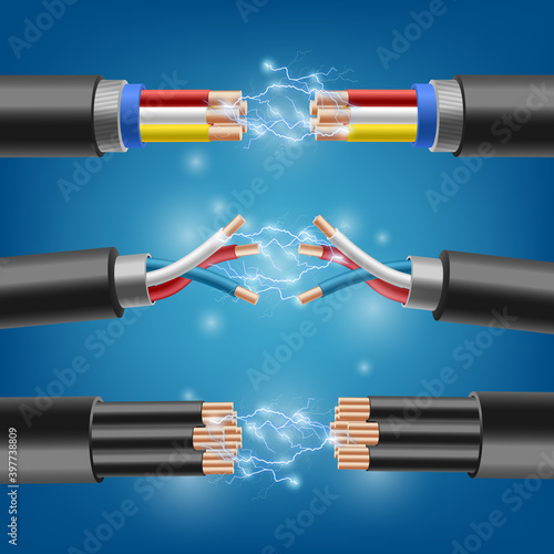 Vector background with set of electric cables with sparks from short circuit