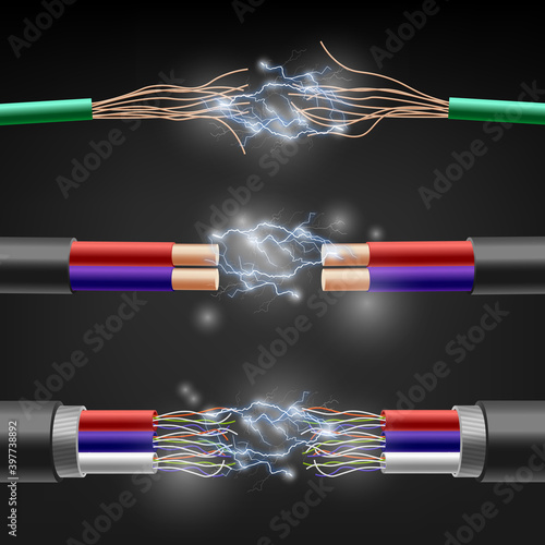Electric cables with electrical sparks a realistic vector illustrations.