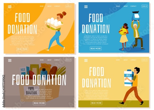 Volunteers carry food and grocery for donation a set of vector web pages