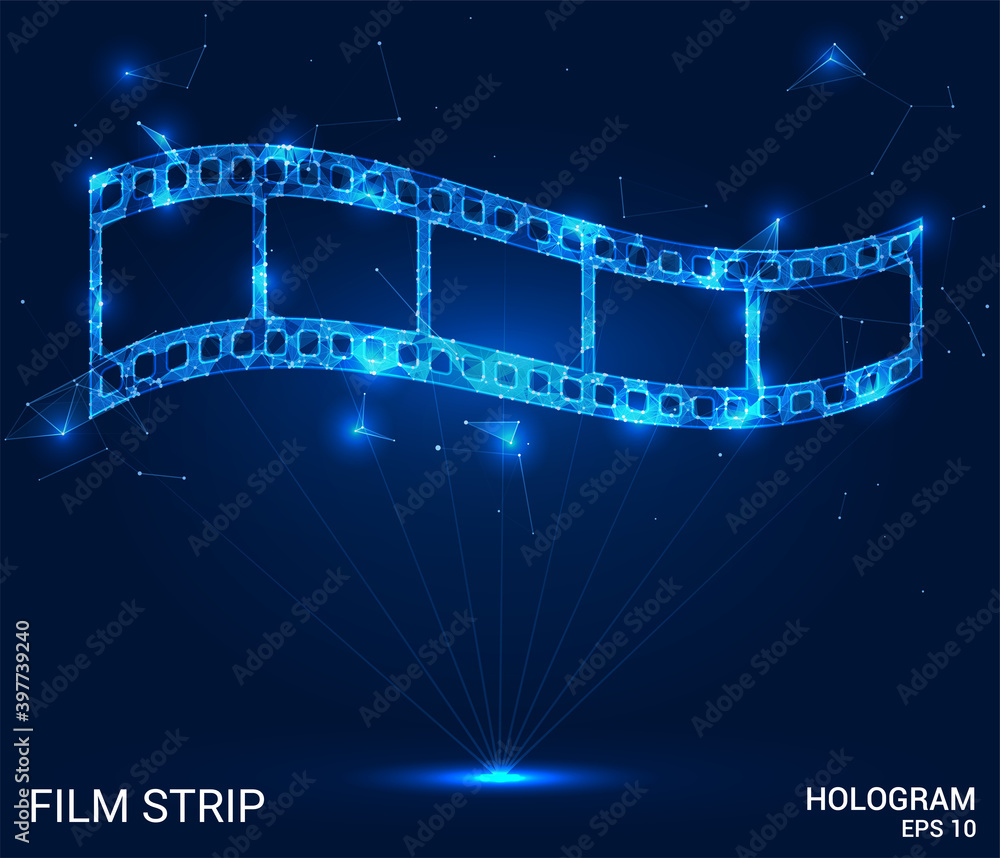 Hologram film strip. A film roll of polygons, triangles, points, and lines. Film strip low-poly compound structure. The technology concept.