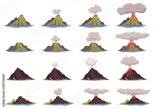 Different volcanic activity of islands, rocks, mountains a vector illustrations.