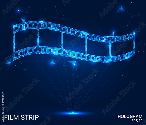 Hologram film strip. A film roll of polygons, triangles, points, and lines. Film strip low-poly compound structure. The technology concept.