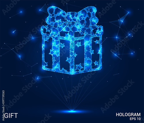 Hologram gift. Gift box made of polygons, triangles of points and lines. Gift low the structure of the compound. The technology concept.