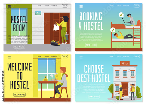 Web banner for booking hostel rooms and accommodation, flat vector illustrations.