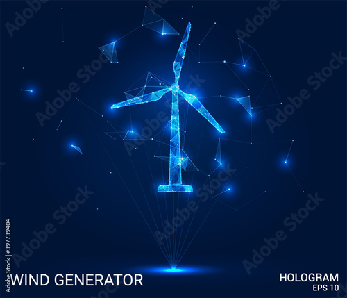 Hologram of a wind generator. A wind generator made up of polygons, triangles, dots and lines. The wind generator is a low-poly compound structure. The technology concept.