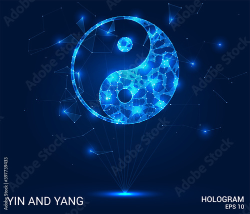 A hologram of Yin and Yang. The Yin and Yang of polygons, triangles, points, and lines. Yin and Yang are low-poly compound structures. The technology concept.