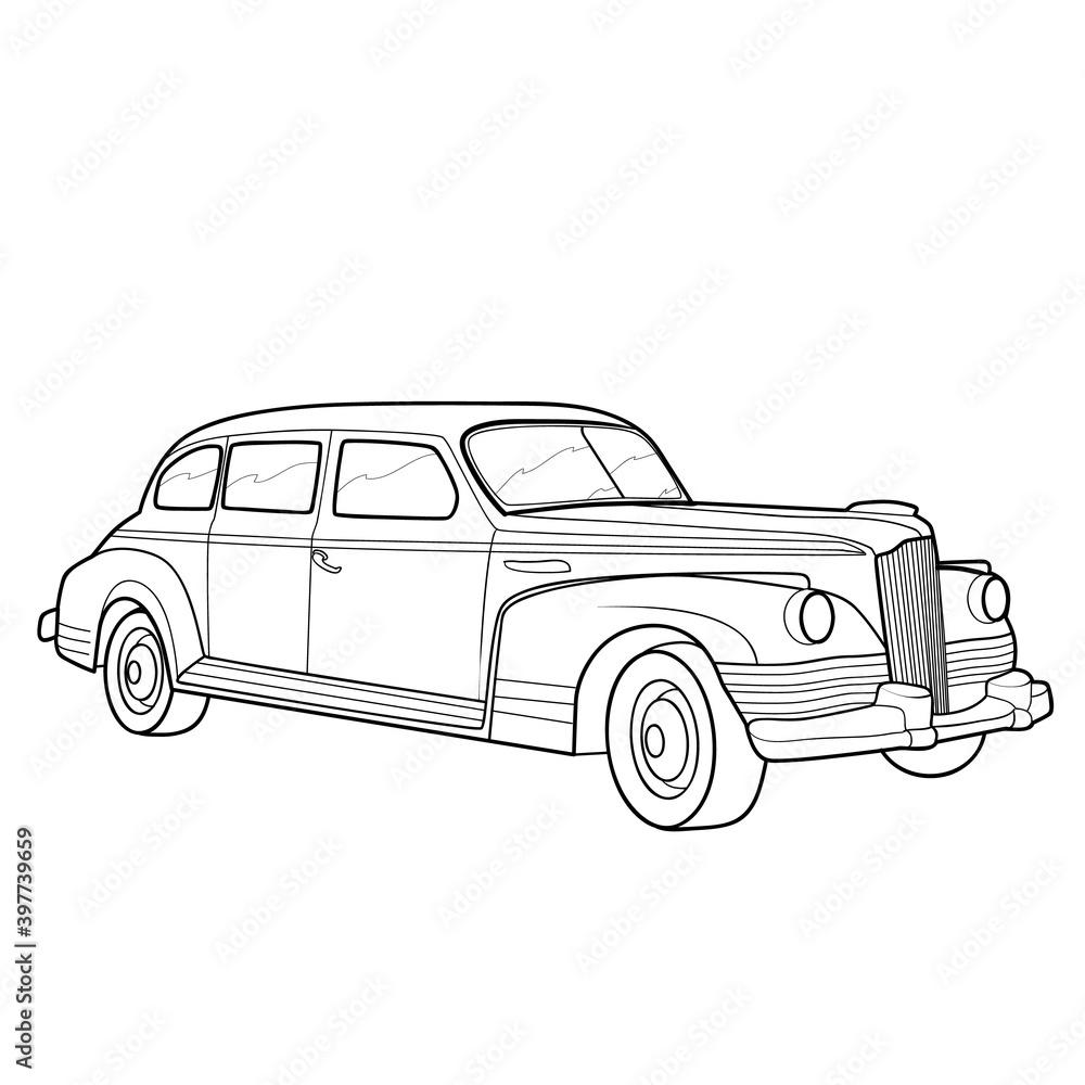sketch of a vintage car, coloring book, cartoon illustration, isolated object on white background, vector,