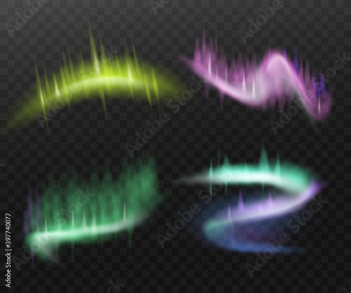 Set of northern aurora light effects realistic vector illustration isolated.