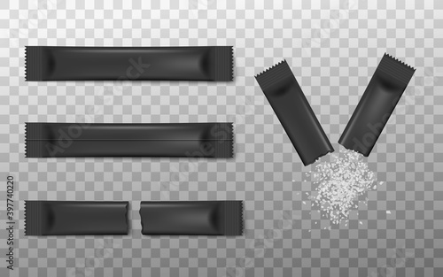 Set of realistic black stick packs with sugar a vector 3d illustrations.