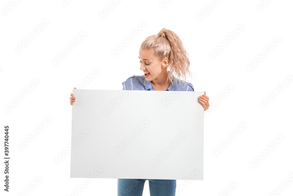 Beautiful young woman with blank poster on white background Beautiful young woman with blank poster on white background