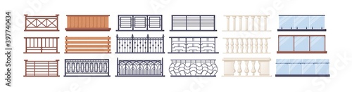 Valokuva Set of balcony railing and terrace fencing from wood, stainless steel, iron, glass or plexiglass
