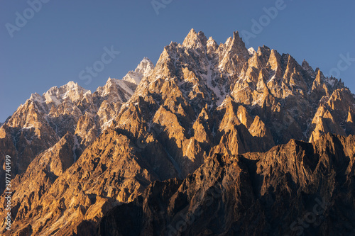 Evening sunset over Passu cathedral mountain peak in Karakoram mountains range, Gilgit Baltistan, north Pakistan