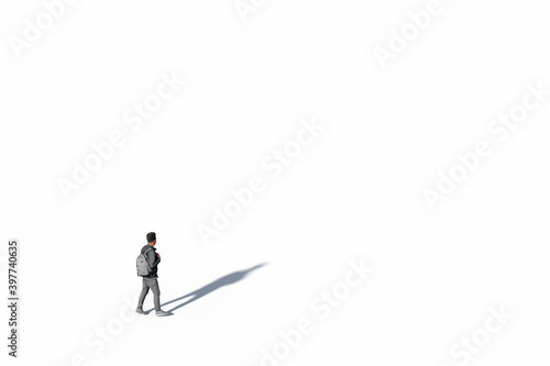Young Man, Holding Back Pack, Walking Isolated Against White, Illustration, Template, Mock Up, Blank. Unrecognisable, Created In 3d Software. 3d Rendering.