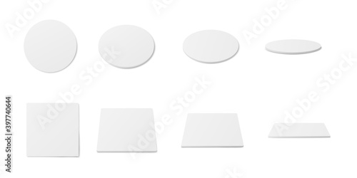 White coaster mockup set - realistic blank circle and square pads photo