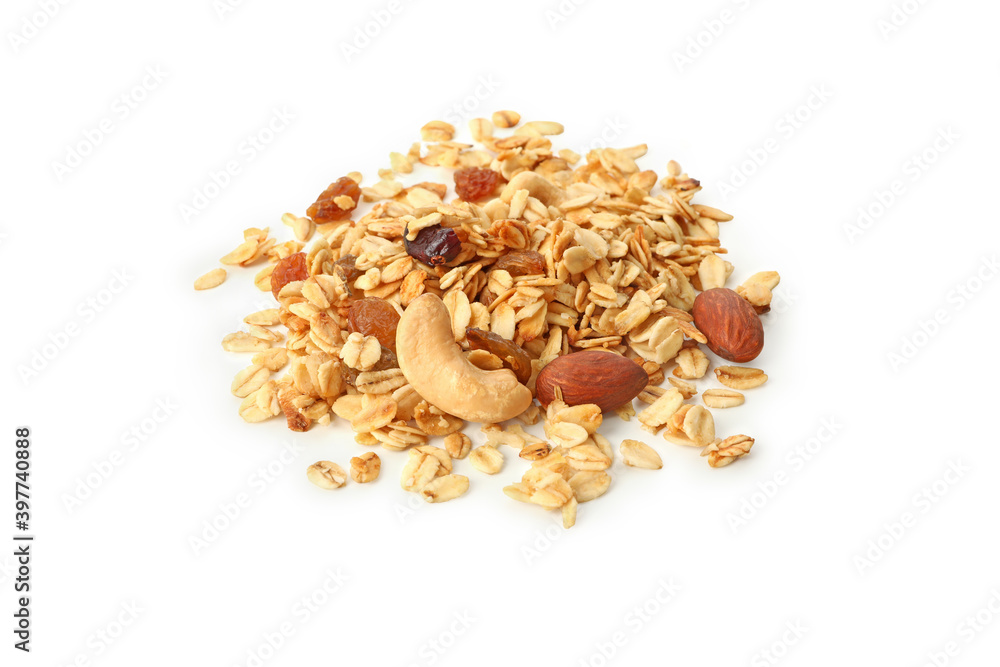 Granola with nuts and raisins isolated on white background Granola with nuts and raisins isolated on white background