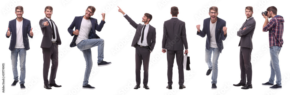 panoramic collage of self-motivated young man .isolated on white panoramic collage of self-motivated young man .isolated on white