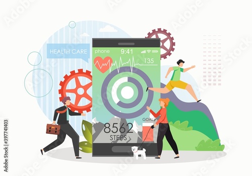 People tracking daily steps, walking distance, flat vector illustration. Pedometer, step tracker and health care app.