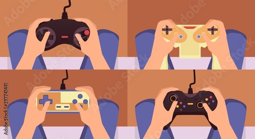 Vector cartoon illustrations with men hands holding the video game consoles