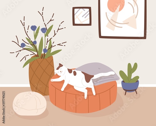 Comfy living room interior with sleeping cat, potted houseplants and home decorations. Cute pet lying on ottoman at modern cozy home. Sweet life of domestic animals. Flat vector illustration