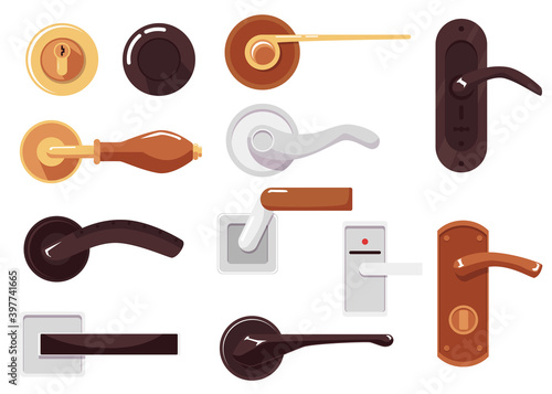 Set of metallic and wood door handle for lock doors home a vector illustration