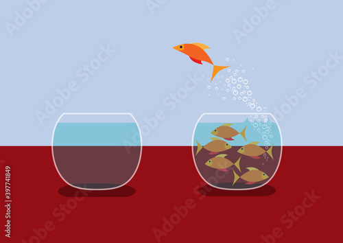 Goldfish jumping out of water. Concept of escape from the group. Vector flat design