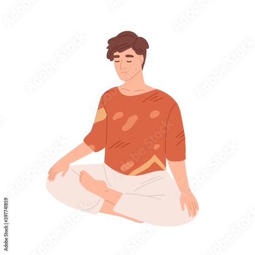 Man with closed eyes meditating with his legs crossed. Young guy practicing meditation, breathing exercises and relaxing in yoga lotus pose. Flat vector illustration isolated on white background