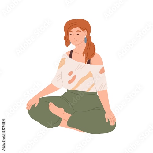 Woman with closed eyes meditating in yoga lotus posture. Female character sitting with her legs crossed and performing meditation practice. Flat vector illustration isolated on white background