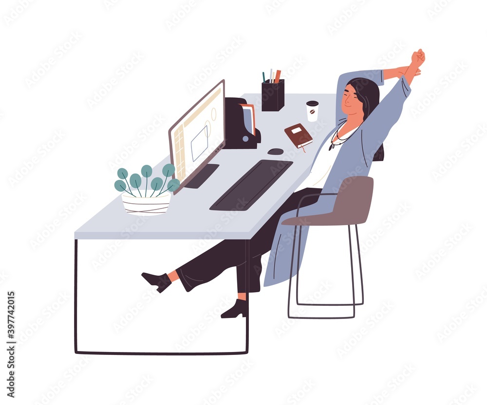 Smiling woman sitting at desk having rest and stretching. Female office worker or clerk having break after working with computer. Flat vector illustration isolated on white background Smiling woman sitting at desk having rest and stretching. Female office worker or clerk having break after working with computer. Flat vector illustration isolated on white background
