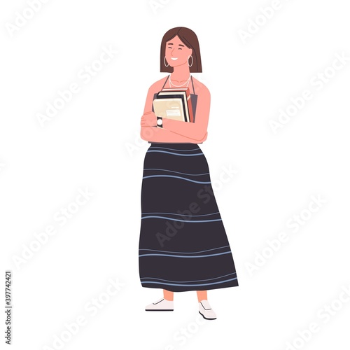 Happy female reader or book fan standing isolated on white background. Smiling woman with literature in anticipation of reading. Colorful flat vector illustration
