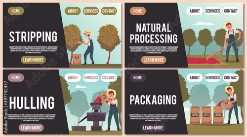 Website banners depicting process of coffee production flat vector illustration.