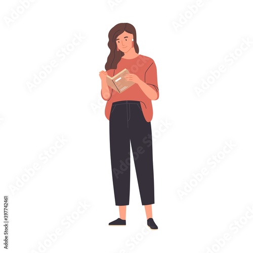 Happy modern young woman reading book standing isolated on white background. Smiling female reader enjoying literature or preparing for exam. Colorful flat vector illustration