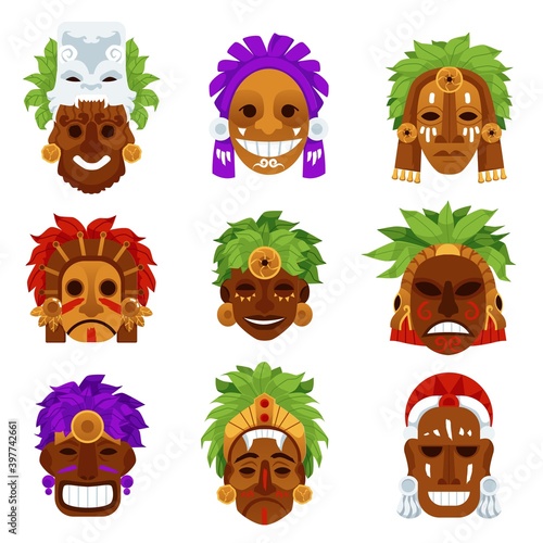 Set of colorful tribal religious mayan masks a vector isolated illustrations