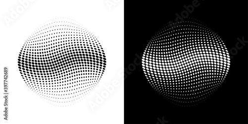 Halftone distort ball. Circle dots 3d sphere. Logo emblem design element for medical, treatment, cosmetic. Globe icon using halftone circle dots raster texture. Vector illustration.